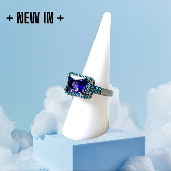 New Black Gold Plated Sterling Silver Square-Cut Lab-created amethysts Ring - Picture 6 of 8